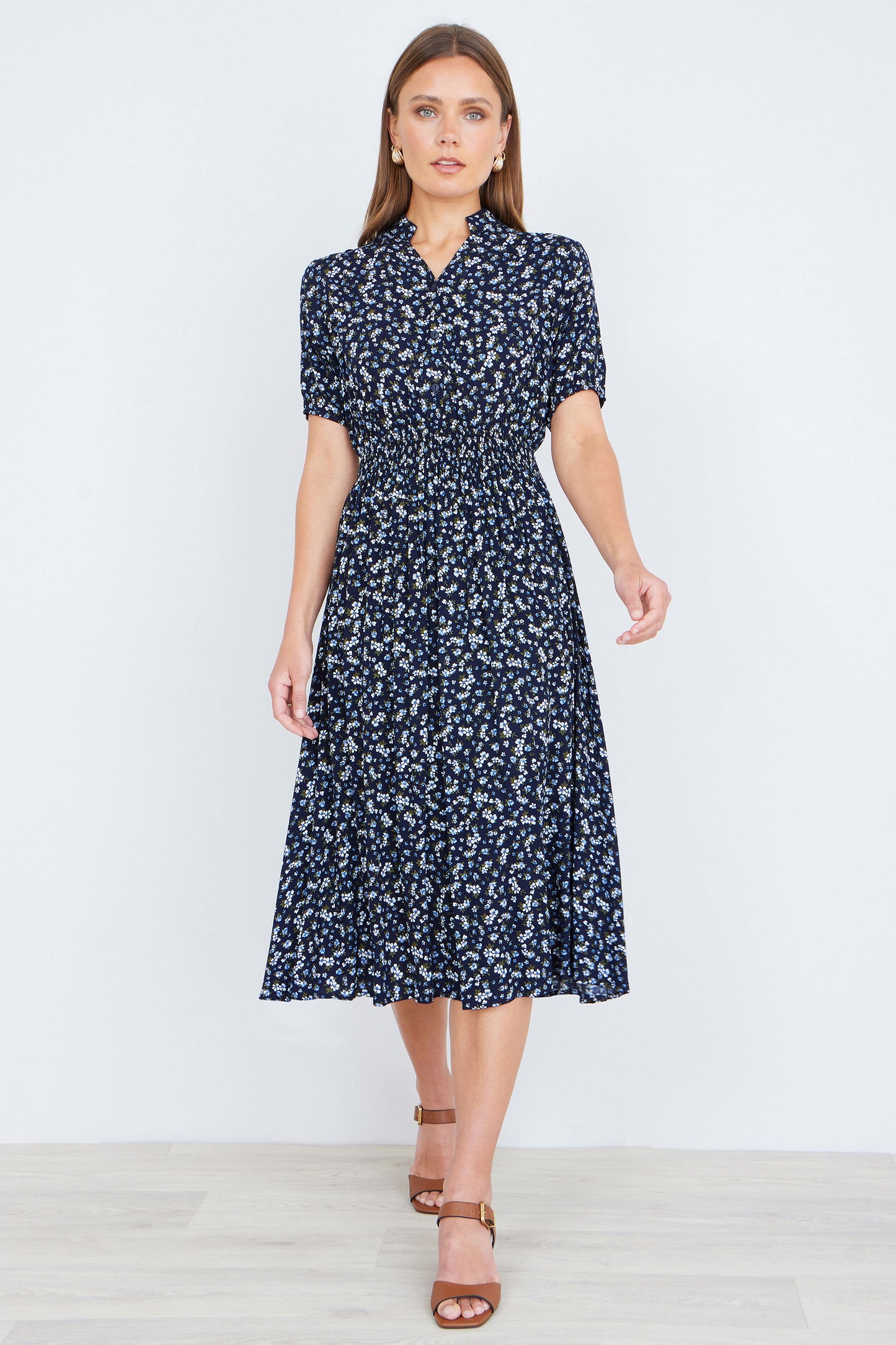 Yumi Navy Ditsy Floral Midi Shirt Dress With Ruched Waist Dress Casual Yumi