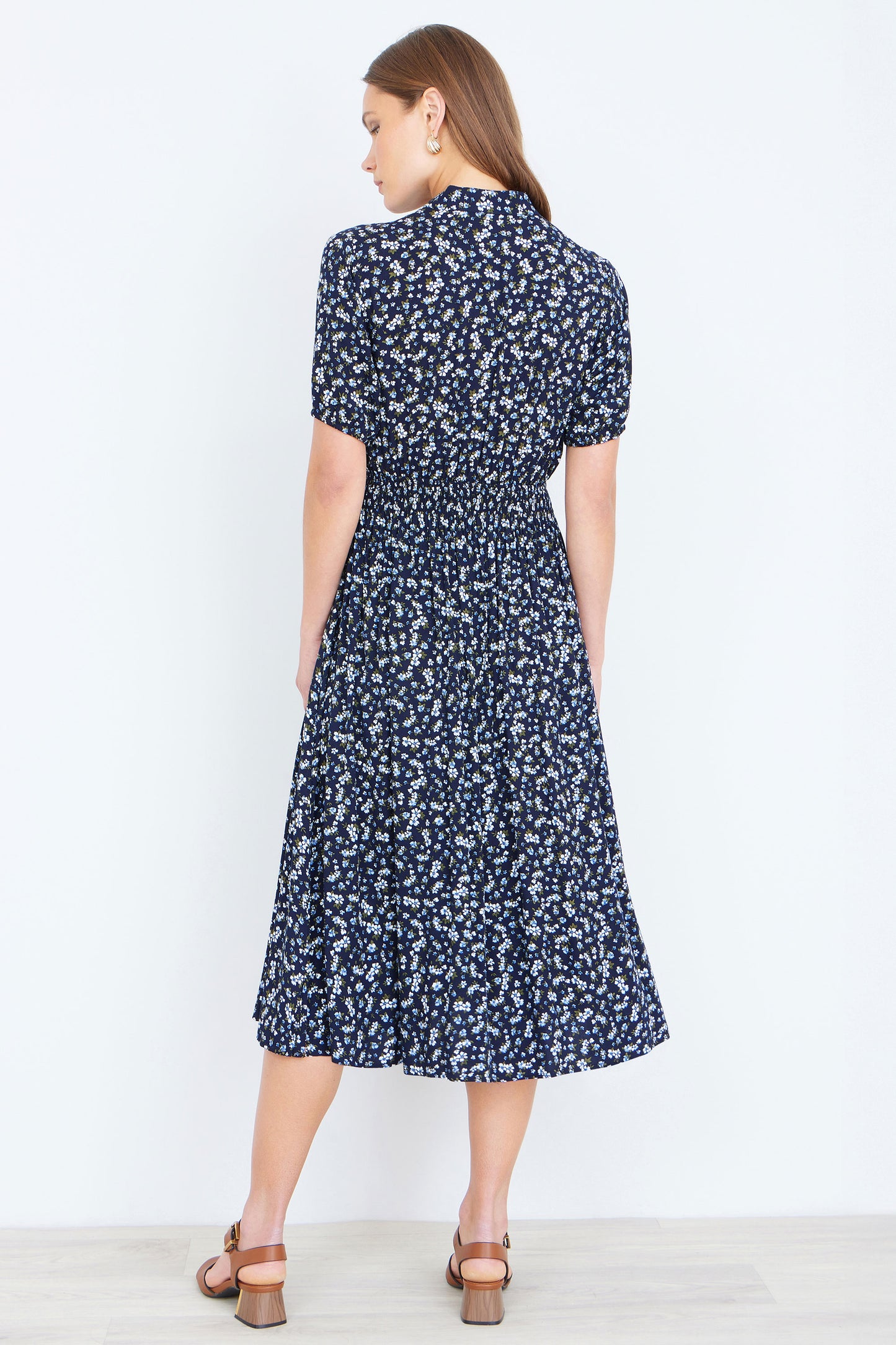Yumi Navy Ditsy Floral Midi Shirt Dress With Ruched Waist Dress Casual Yumi