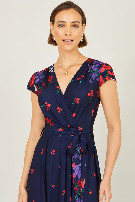 Yumi Navy Floral Mirror Wrap Dress With Dip Hem Dress Occasion Yumi
