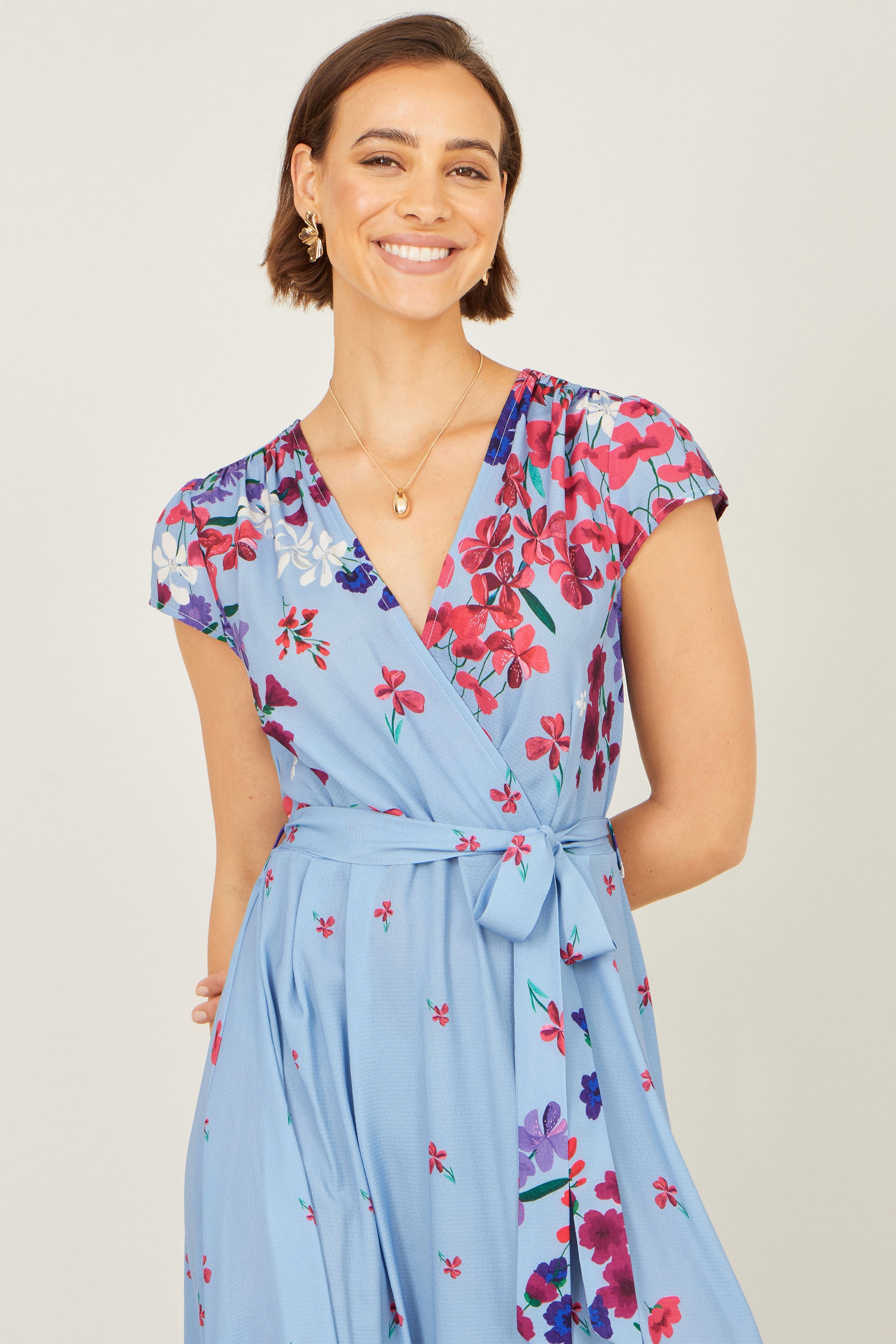 Yumi Blue Floral Mirror Wrap High Low Midi Wrap Dress Dress Occasion Yumi