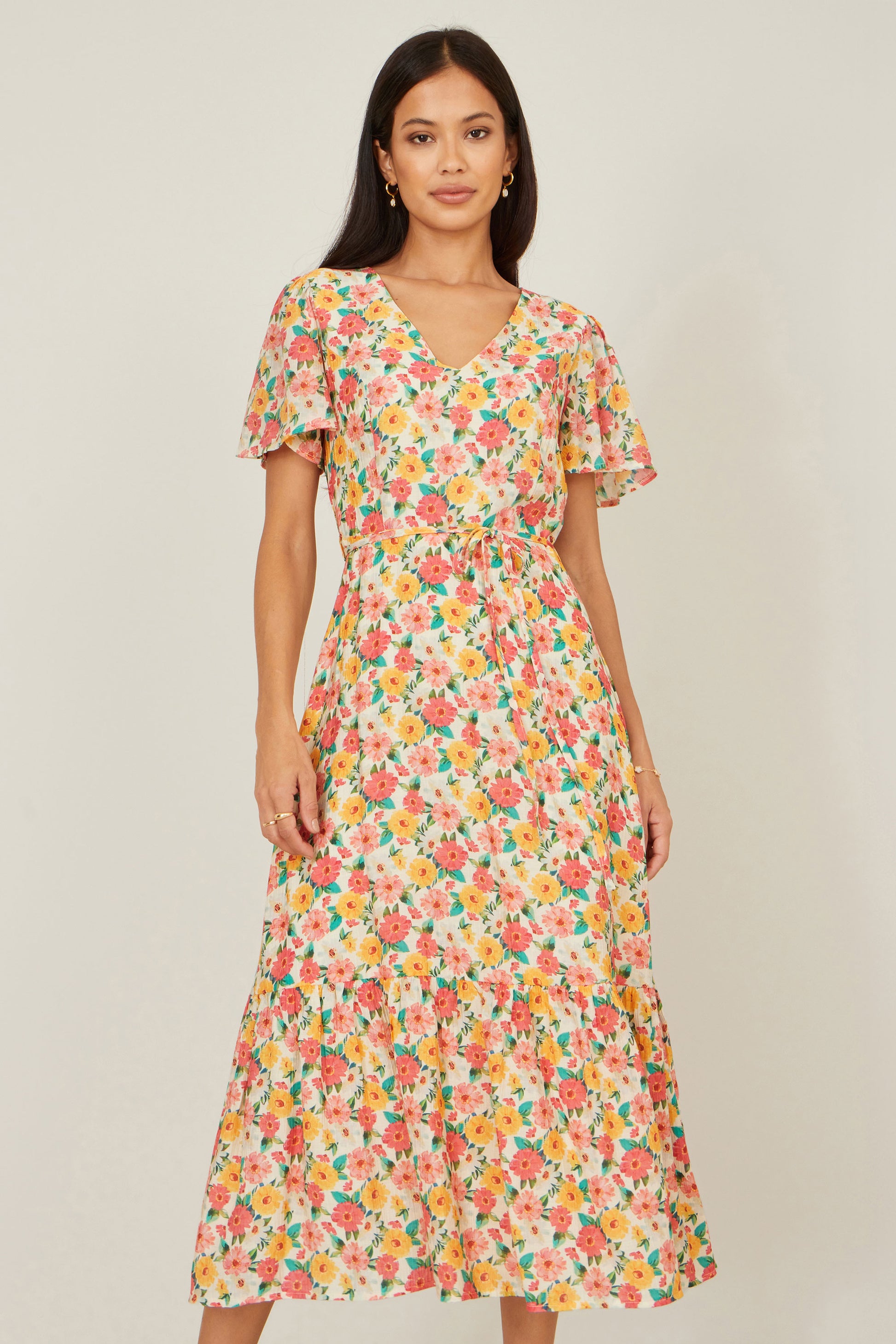 Yumi Multicolour Midi Tea Dress With Angel Sleeves Dress Casual Yumi