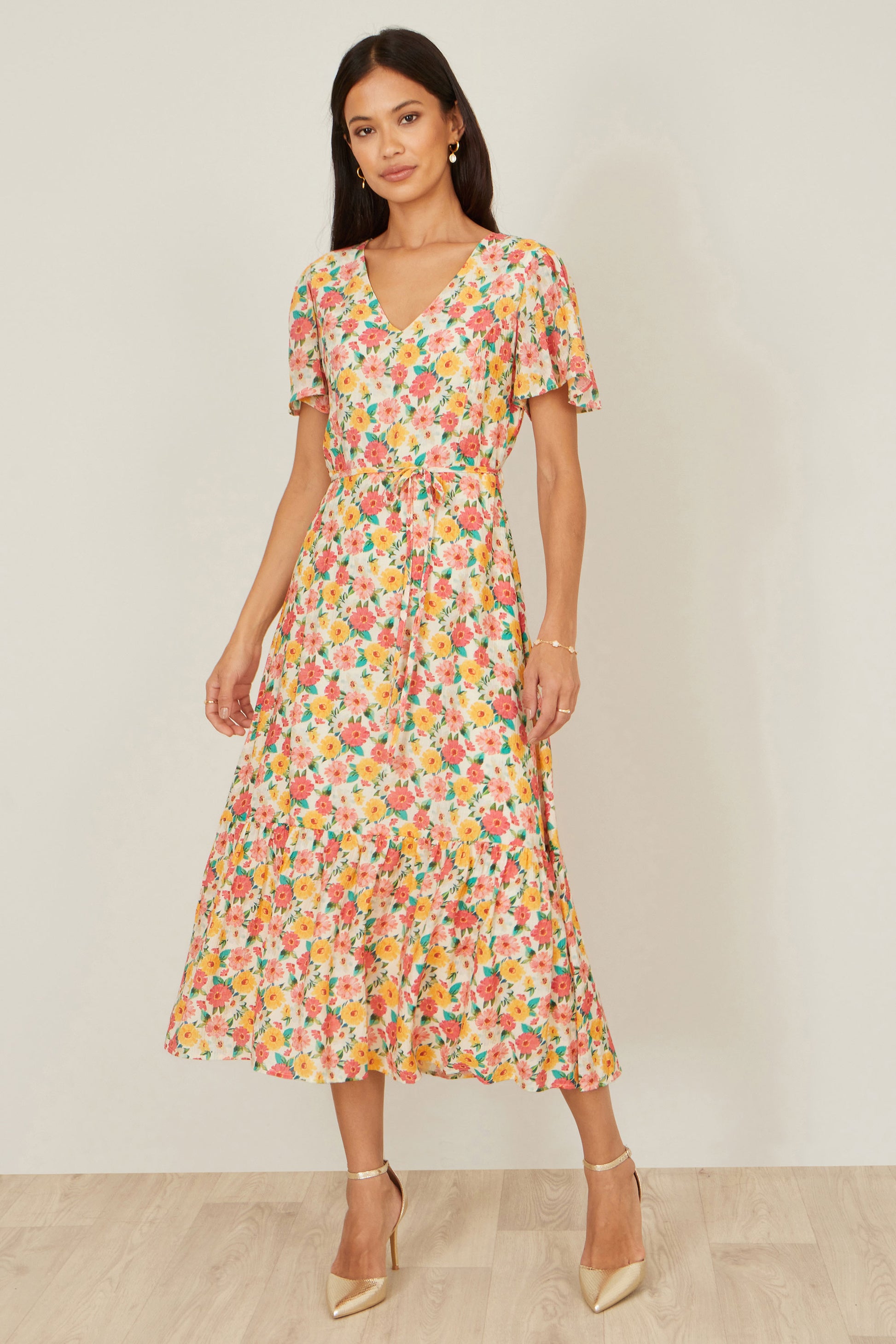 Yumi Multicolour Midi Tea Dress With Angel Sleeves Dress Casual Yumi