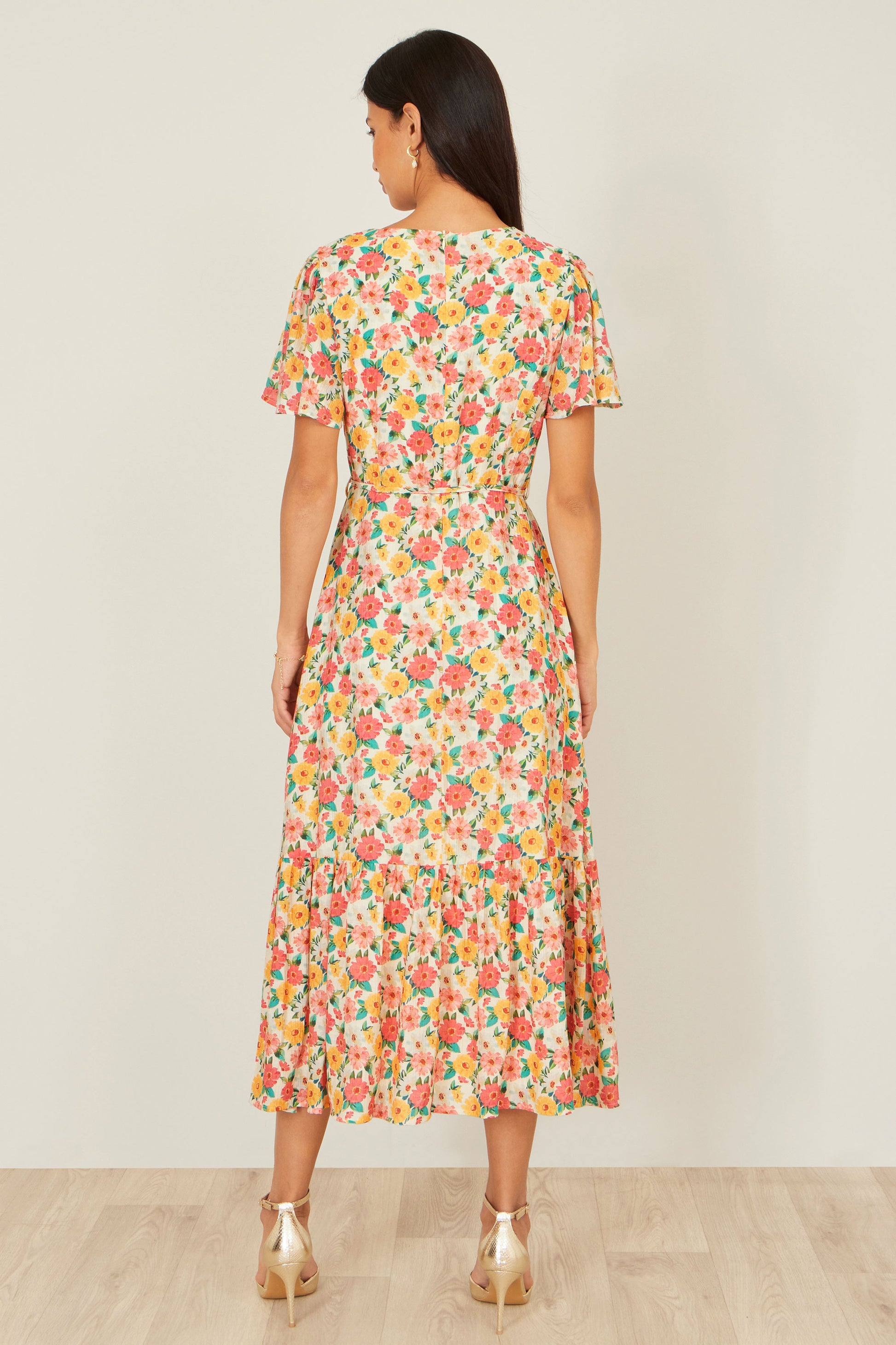 Yumi Multicolour Midi Tea Dress With Angel Sleeves Dress Casual Yumi
