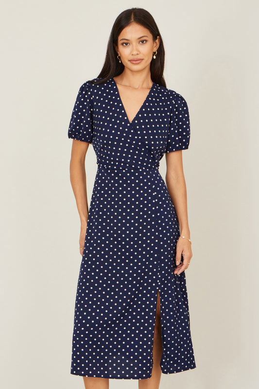 Yumi Navy Spot Wrap Midi Tea Dress Dress Casual Yumi