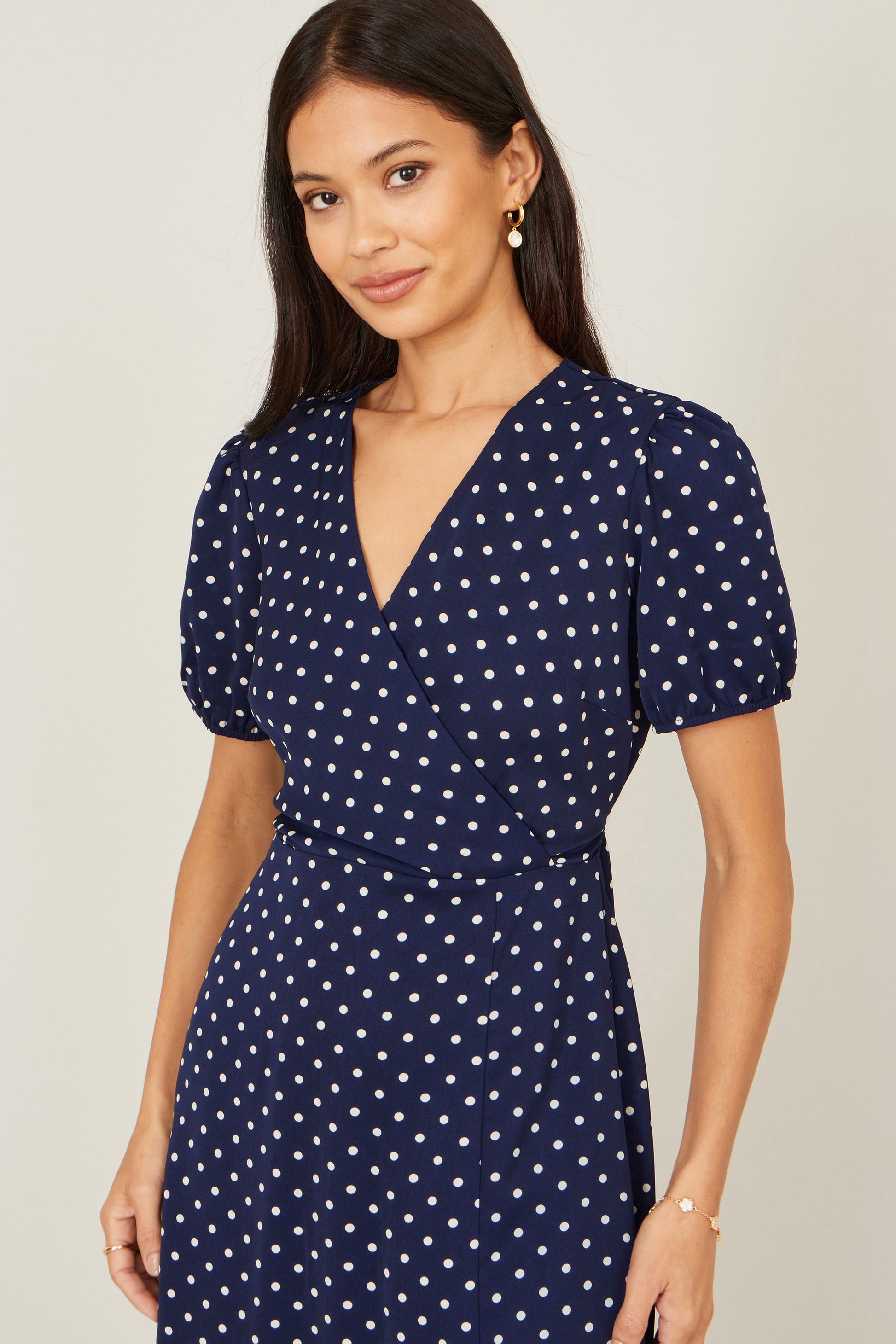 Yumi Navy Spot Wrap Midi Tea Dress Dress Casual Yumi