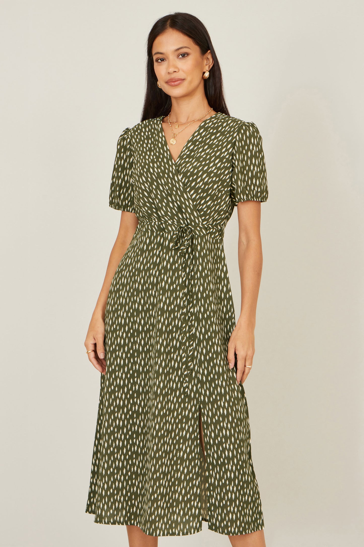 Yumi Green Spot Wrap Midi Tea Dress Dress Casual Yumi