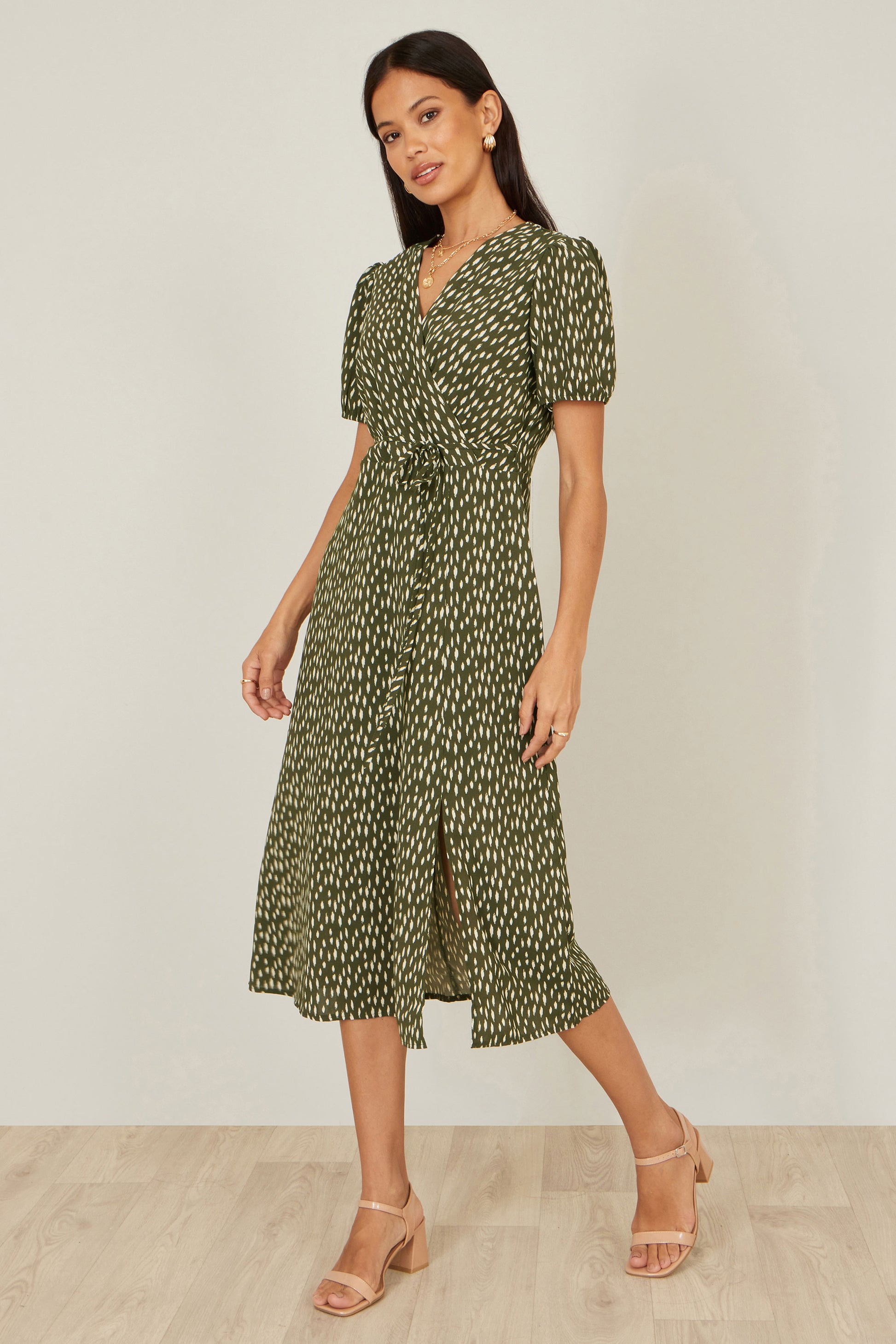 Yumi Green Spot Wrap Midi Tea Dress Dress Casual Yumi