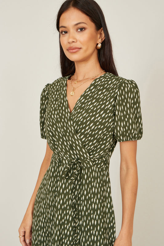 Yumi Green Spot Wrap Midi Tea Dress Dress Casual Yumi