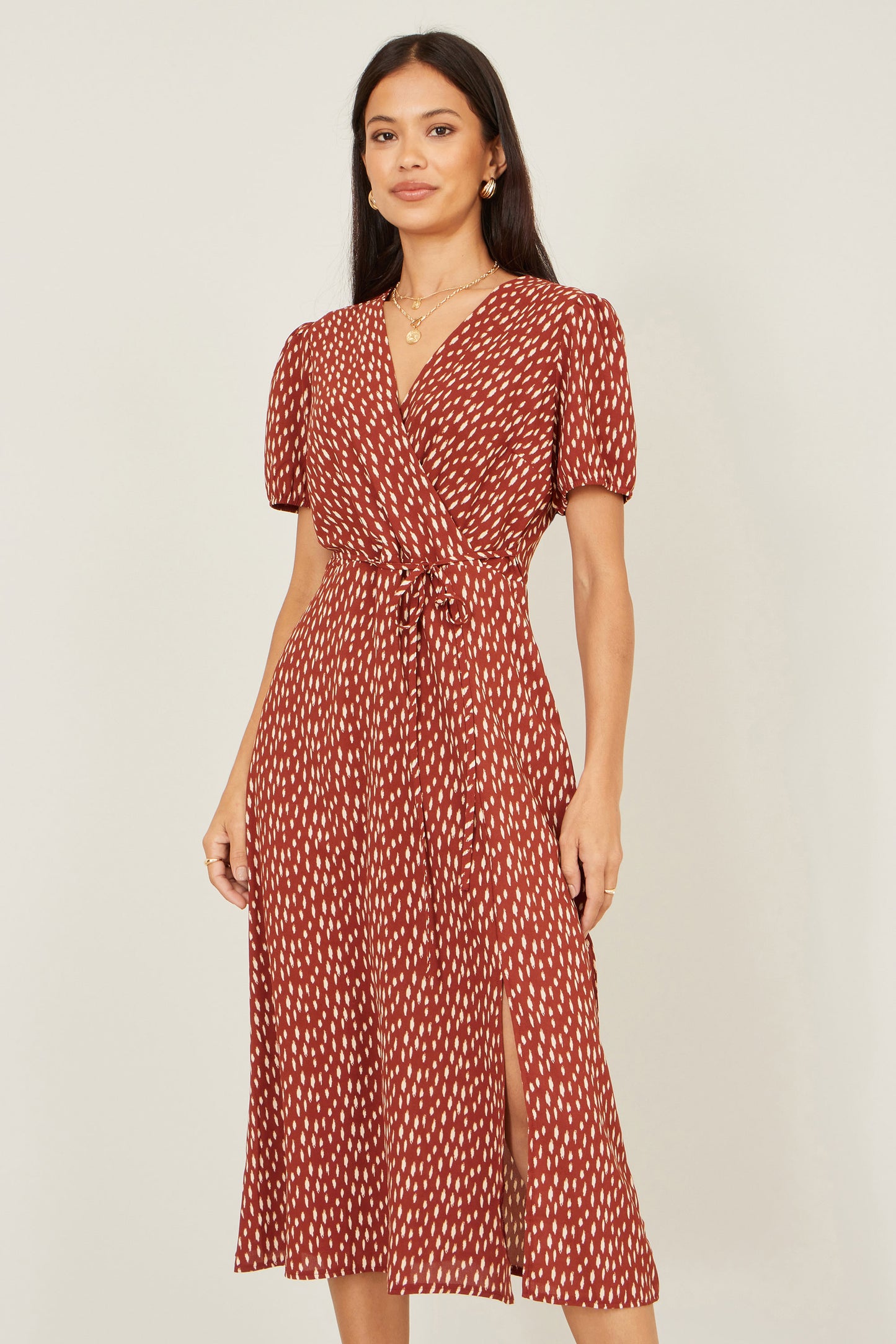 Yumi Brown Spot Wrap Midi Dress Dress Casual Yumi