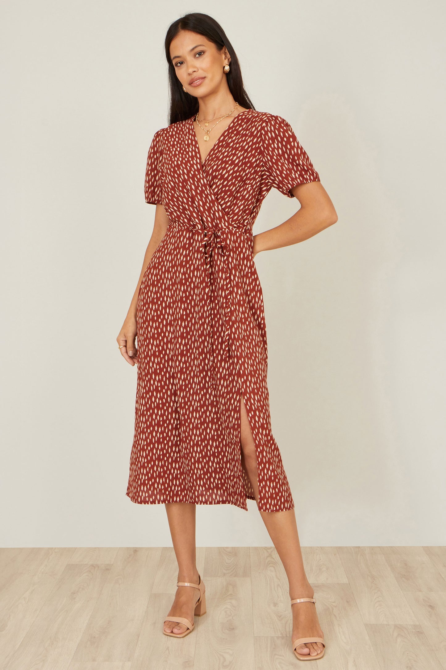 Yumi Brown Spot Wrap Midi Dress Dress Casual Yumi