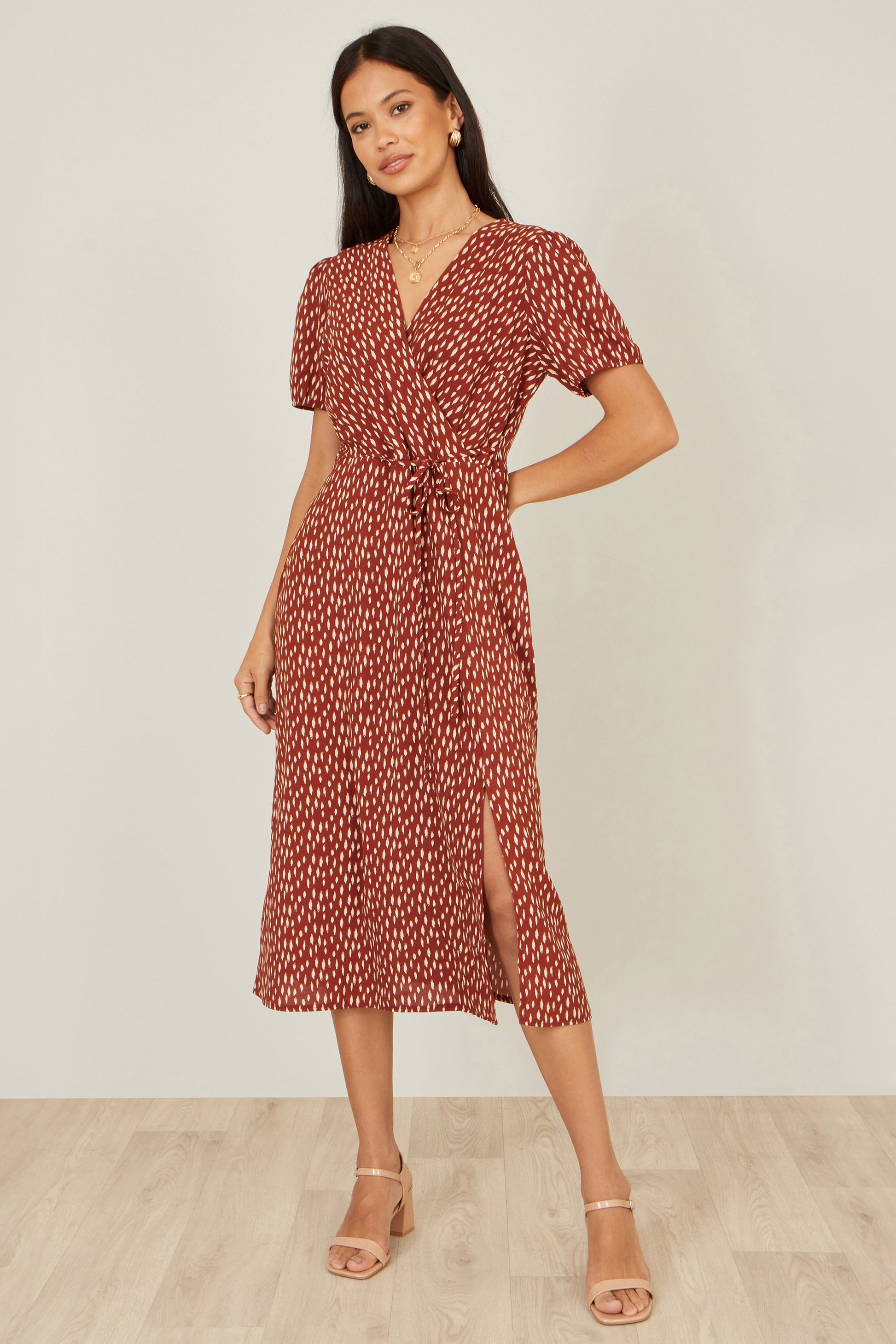 Yumi Brown Spot Wrap Midi Dress Dress Casual Yumi