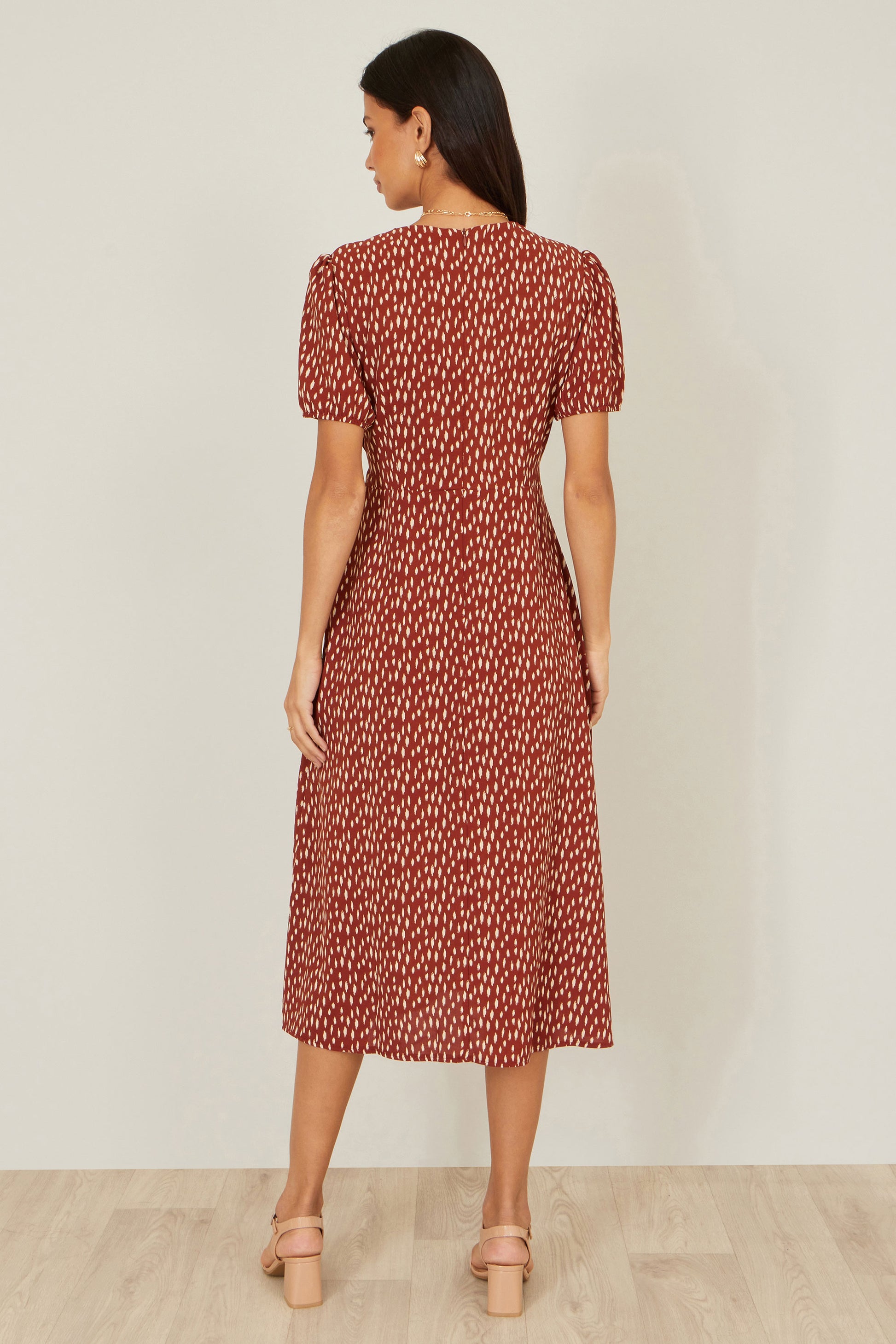Yumi Brown Spot Wrap Midi Dress Dress Casual Yumi