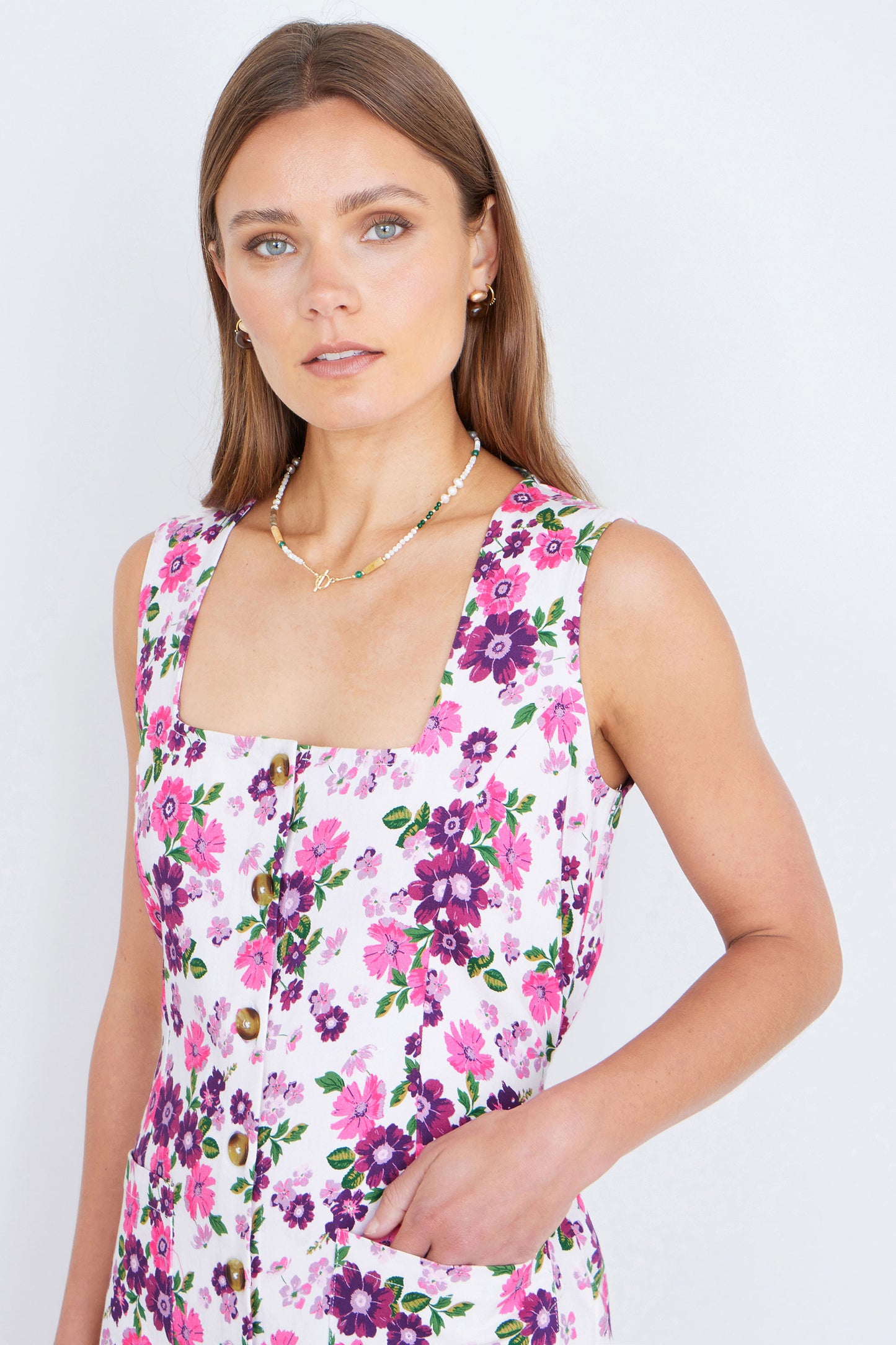 Yumi Pink Retro Floral Cotton Stretch Pinafore Dress Dress Casual Yumi