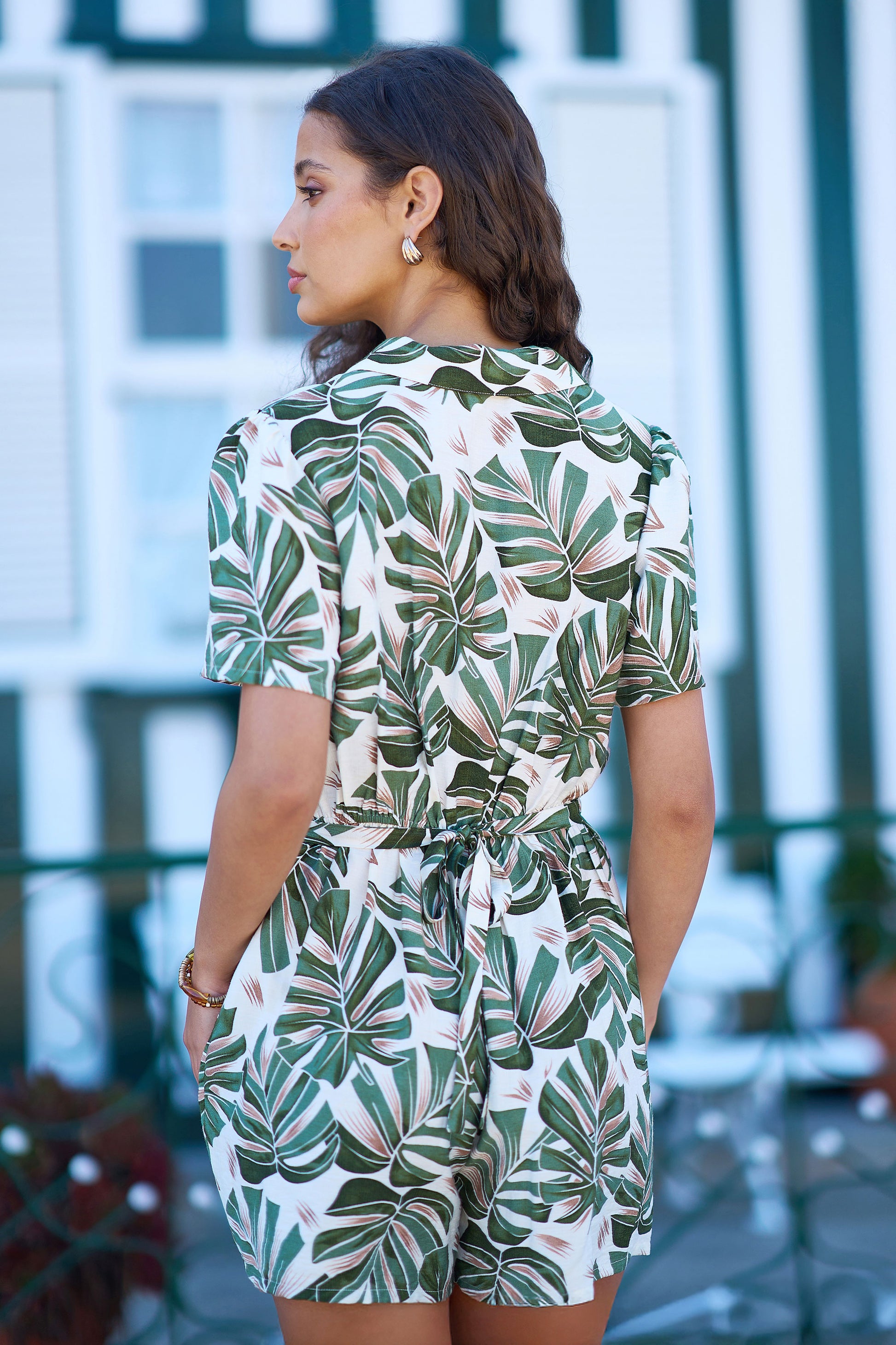 Yumi Green Viscose Leaf Print Retro Playsuit PLAYSUIT Yumi