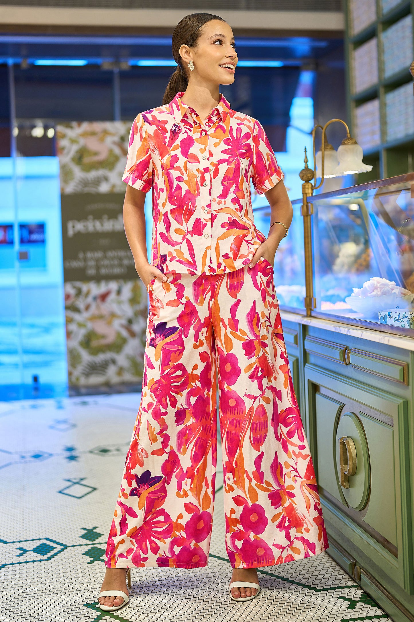 Yumi Pink Abstract Floral Wide Leg Trousers TROUSER Yumi
