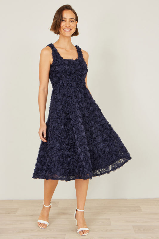 Yumi Navy Applique Floral Skater Dress Dress Occasion Yumi