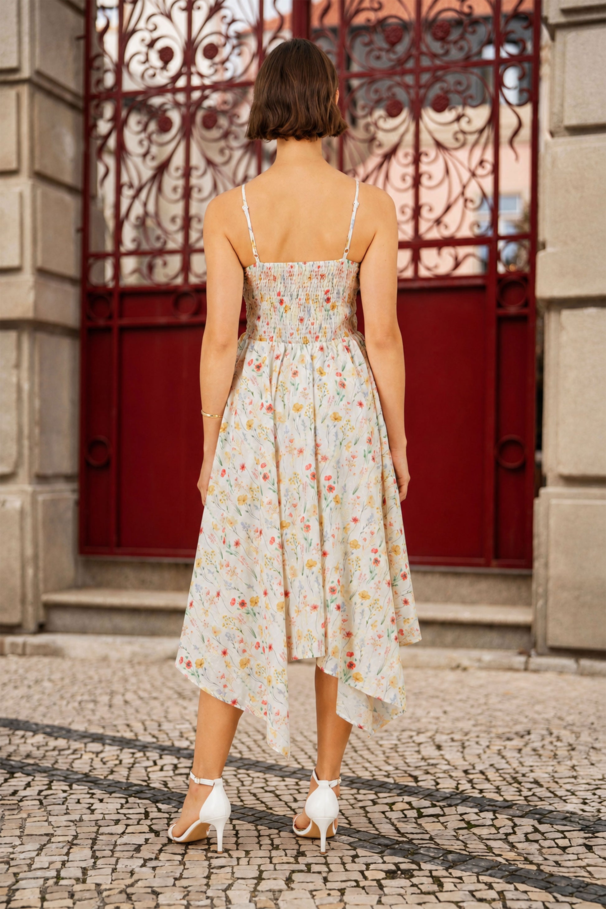 Yumi White Botanical Embroidery Fabric Handkerchief Hem Dress Beachwear Yumi
