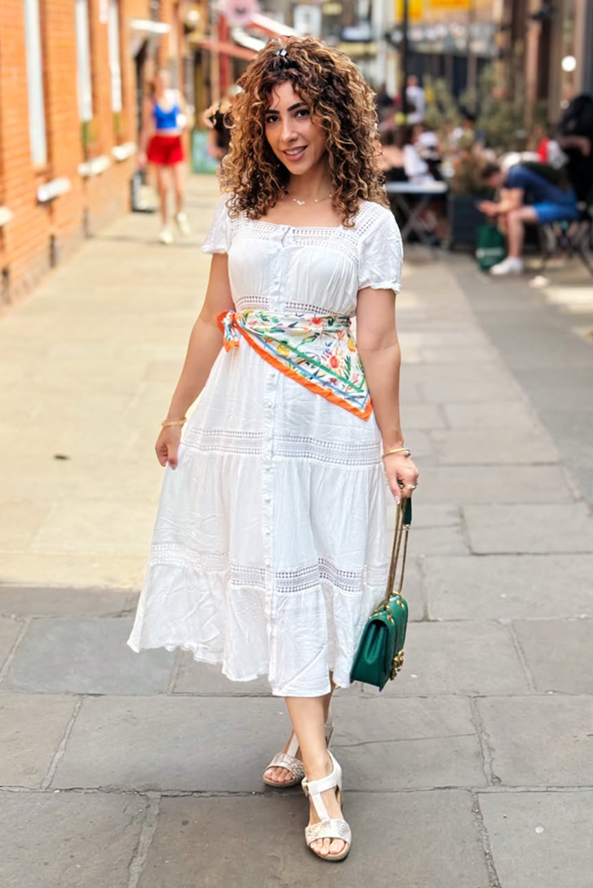 Yumi White Cotton Square Neckline Lace Midi Dress Beachwear Yumi