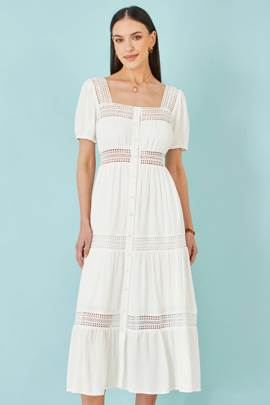 Yumi White Cotton Square Neckline Lace Midi Dress Beachwear Yumi