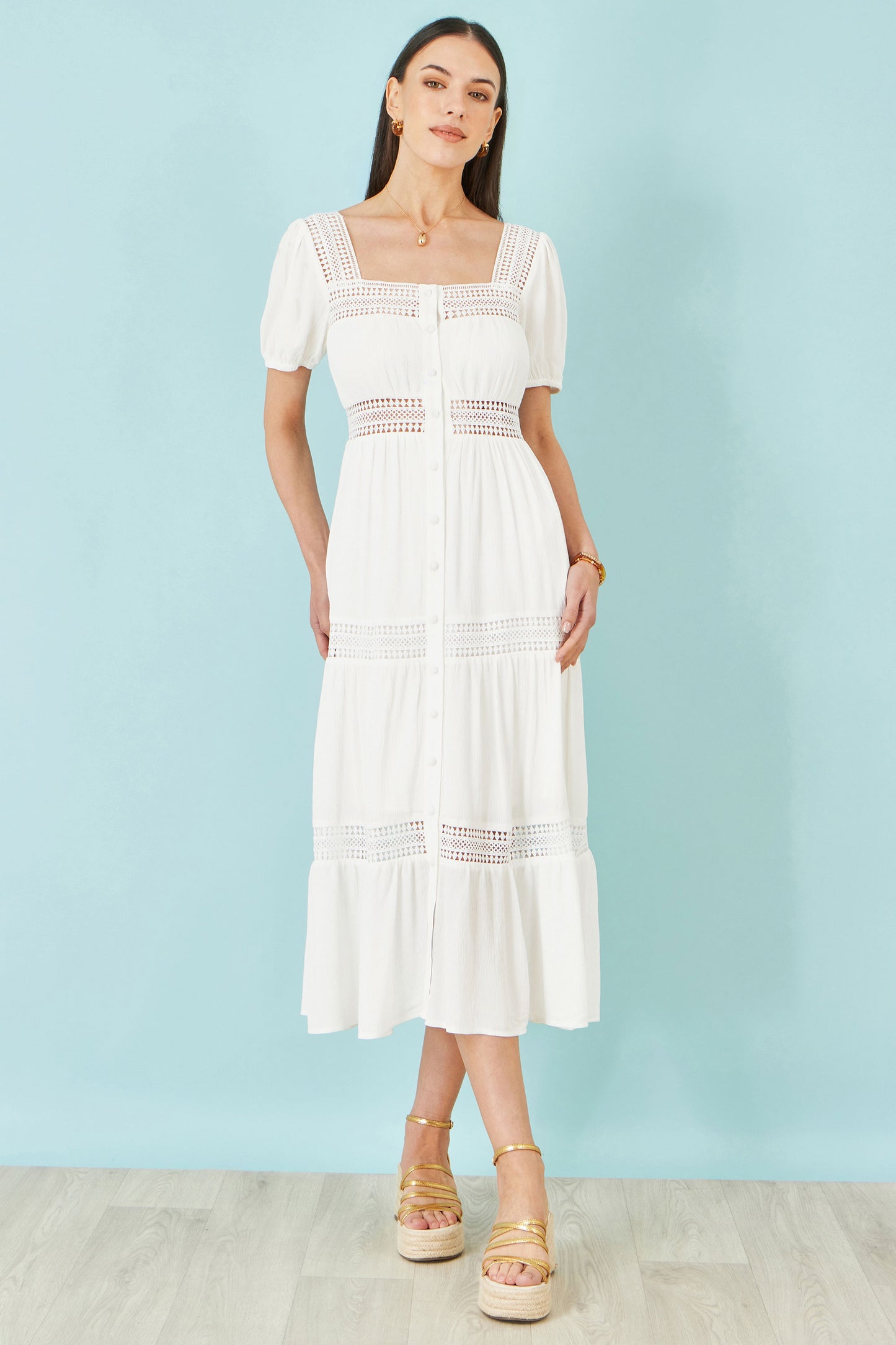Yumi White Cotton Square Neckline Lace Midi Dress Beachwear Yumi