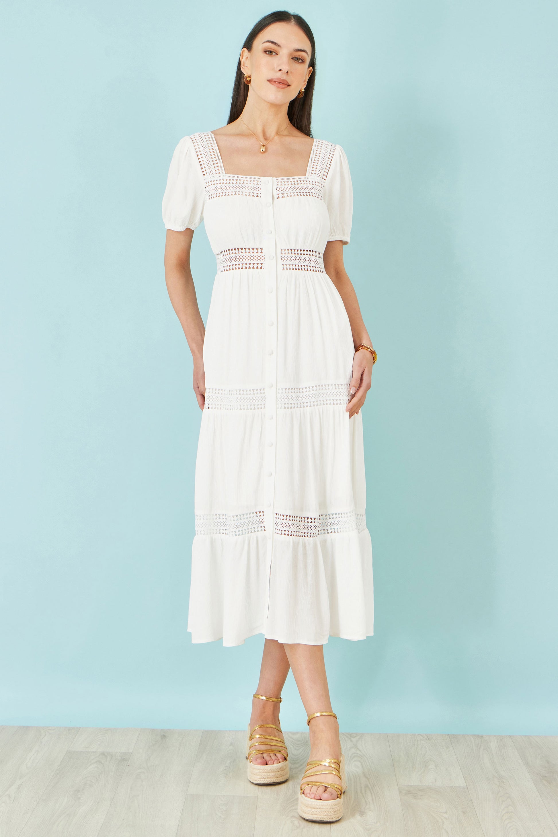 Yumi White Cotton Square Neckline Lace Midi Dress Beachwear Yumi