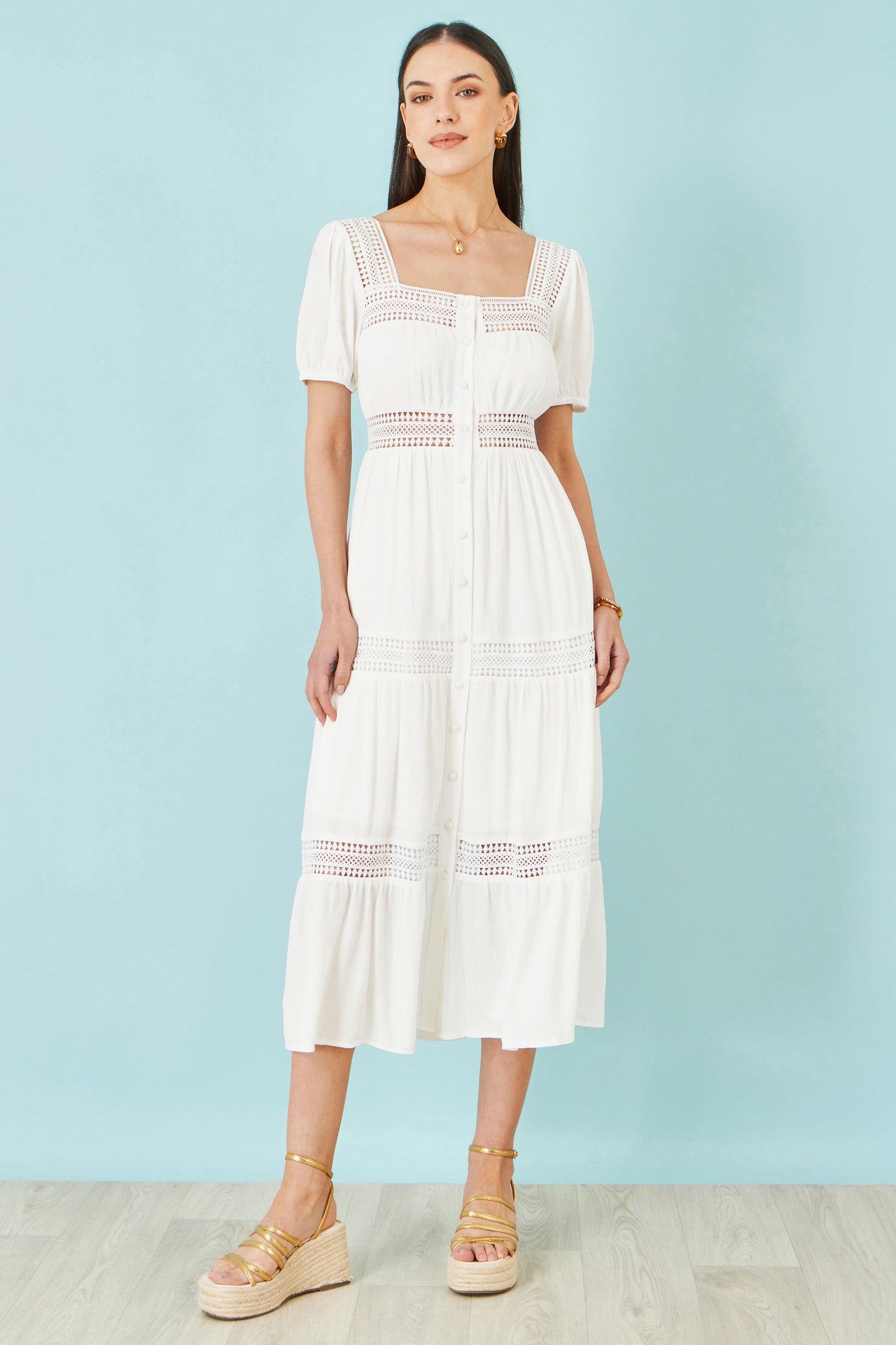 Yumi White Cotton Square Neckline Lace Midi Dress Beachwear Yumi