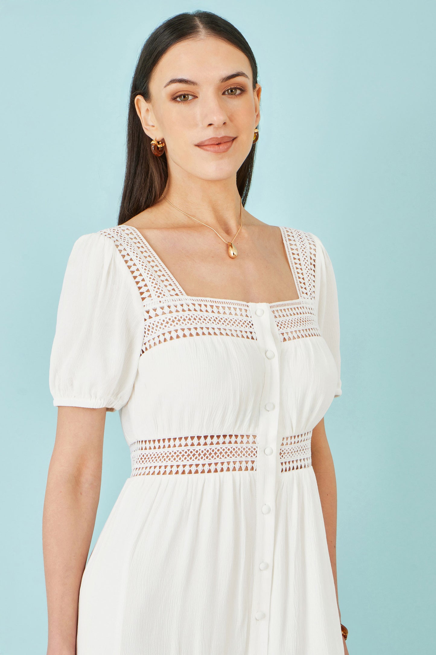 Yumi White Cotton Square Neckline Lace Midi Dress Beachwear Yumi