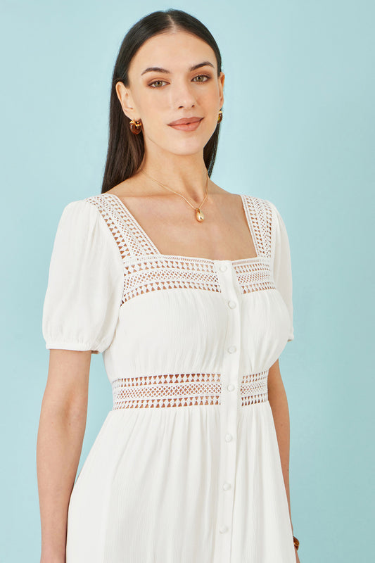 Yumi White Cotton Square Neckline Lace Midi Dress Beachwear Yumi