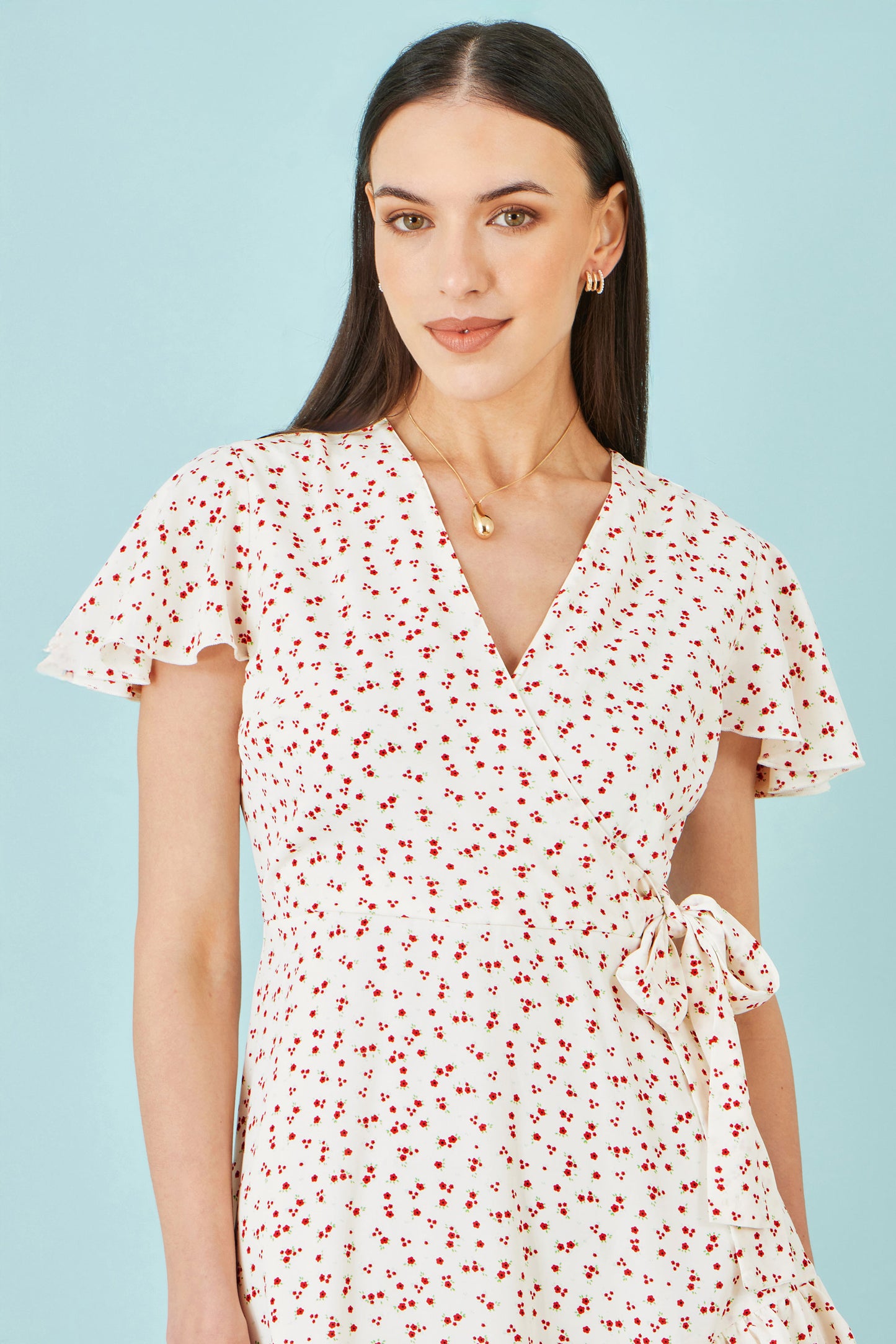 Yumi White Ditsy Print Frill Wrap Dress Dress Casual Yumi