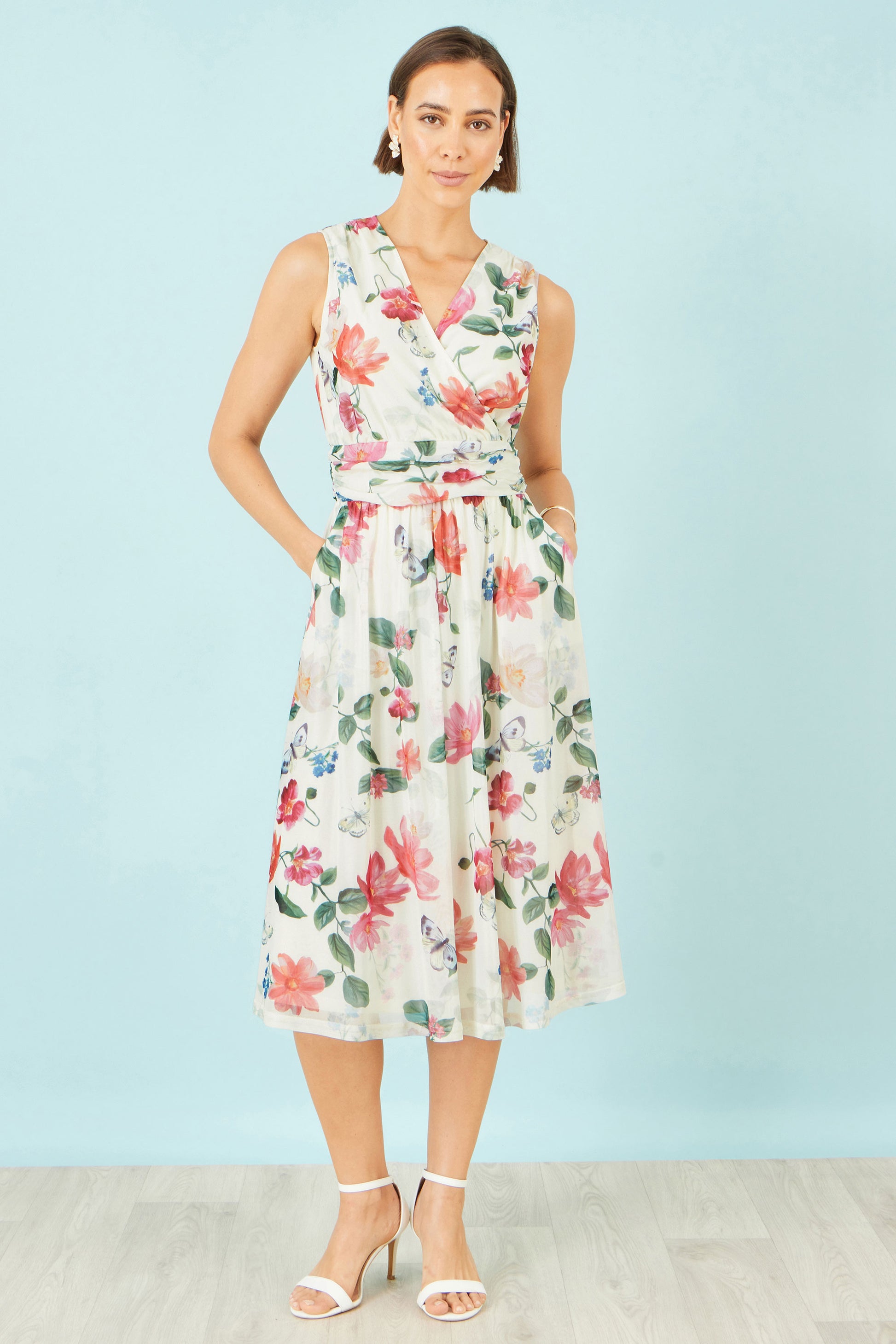 Yumi Ivory Blurred Floral Print Mesh Stretch Midi Dress With Pockets Dress Occasion Yumi