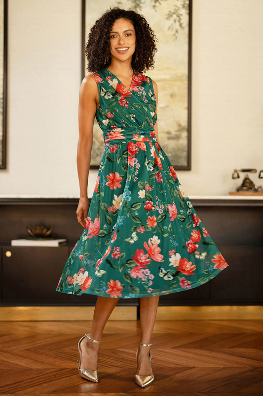 Yumi Green Blurred Floral Print Mesh Stretch Midi Dress With Pockets Dress Occasion Yumi