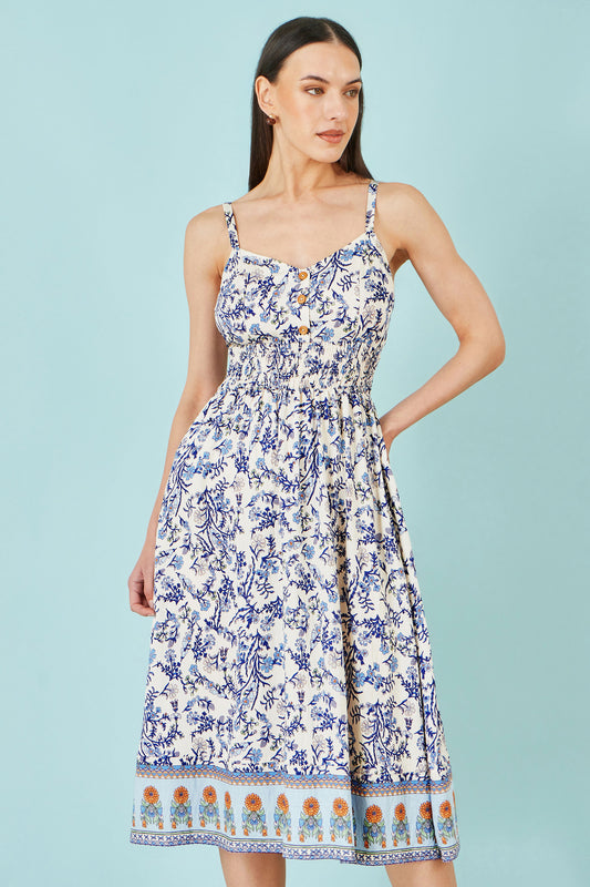 Yumi White Floral Border Print Viscose Midi Sun Dress Beachwear Yumi