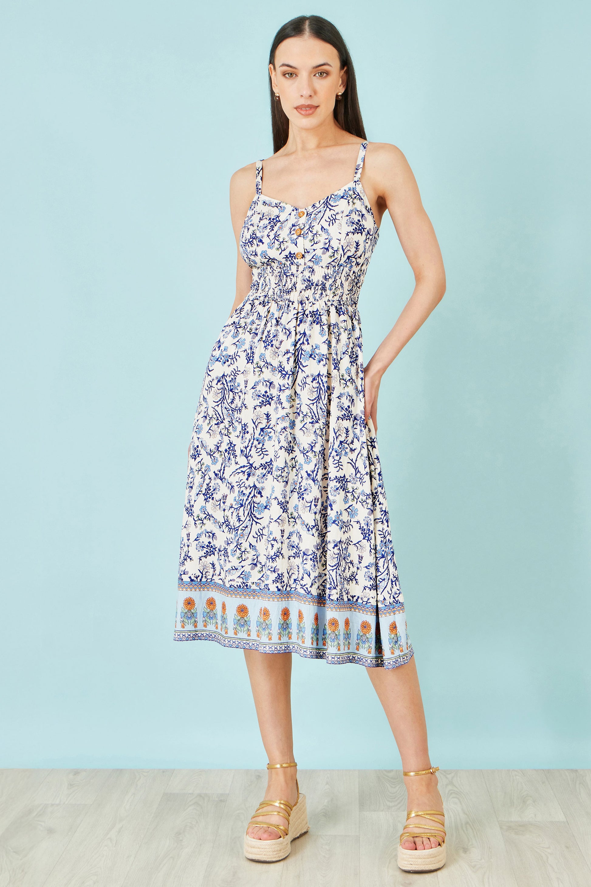 Yumi White Floral Border Print Viscose Midi Sun Dress Beachwear Yumi