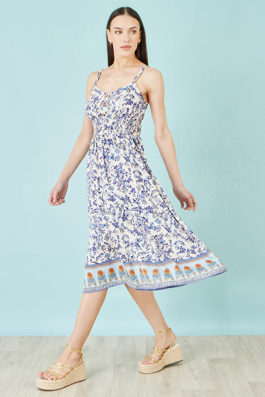 Yumi White Floral Border Print Viscose Midi Sun Dress Beachwear Yumi