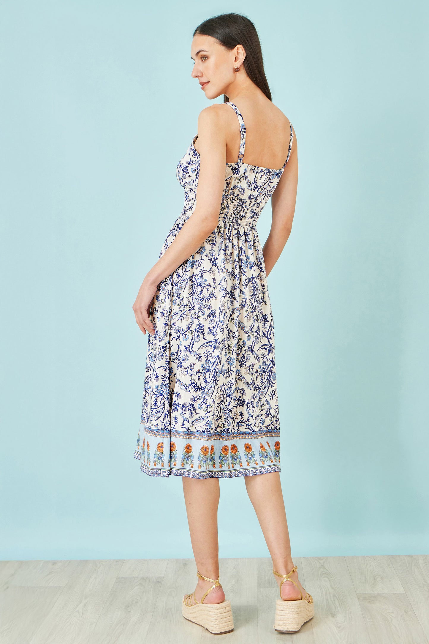 Yumi White Floral Border Print Viscose Midi Sun Dress Beachwear Yumi