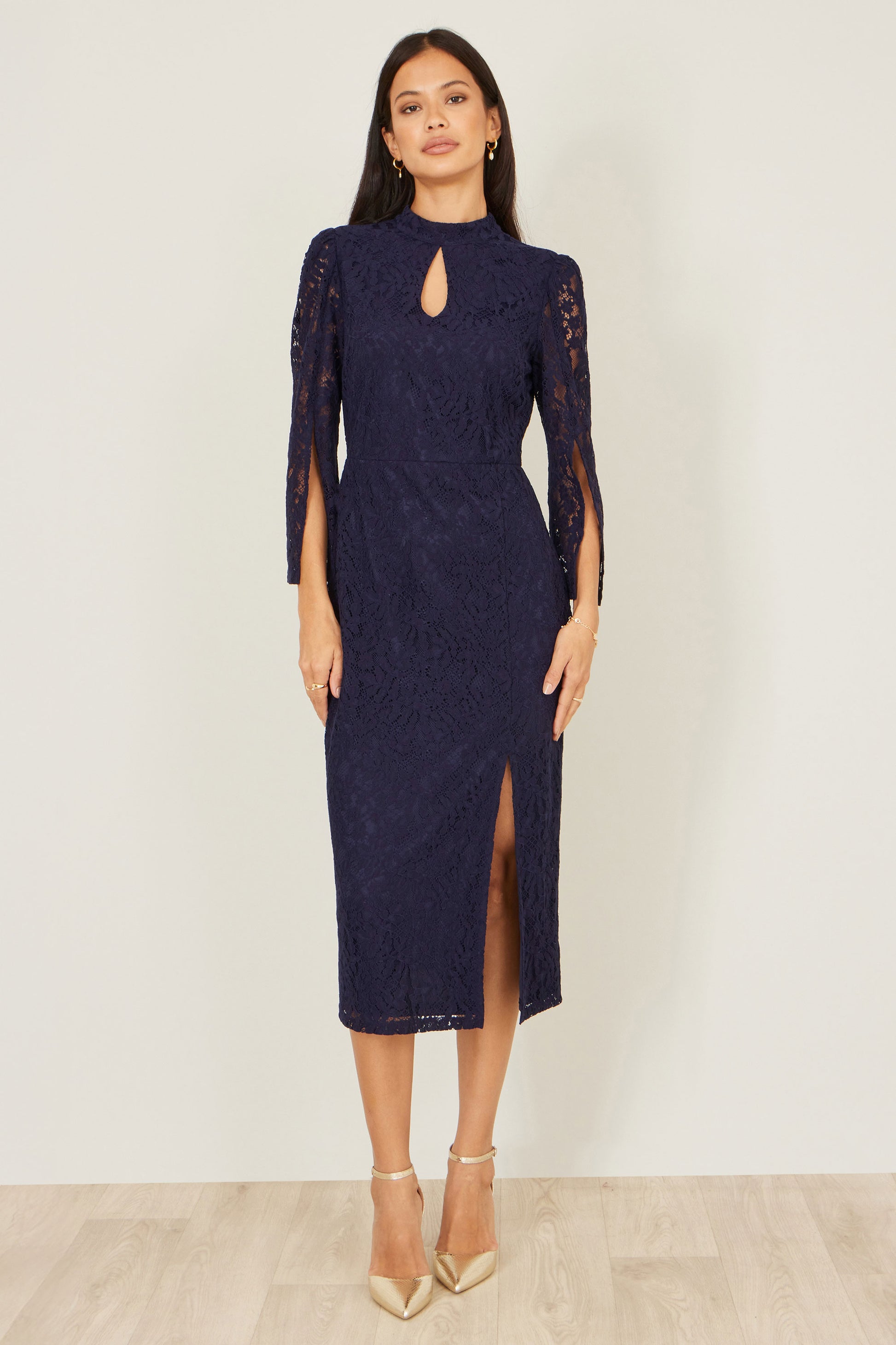 Yumi Navy Lace Fitted Midi Dress With Flute Sleeves Dress Occasion Yumi