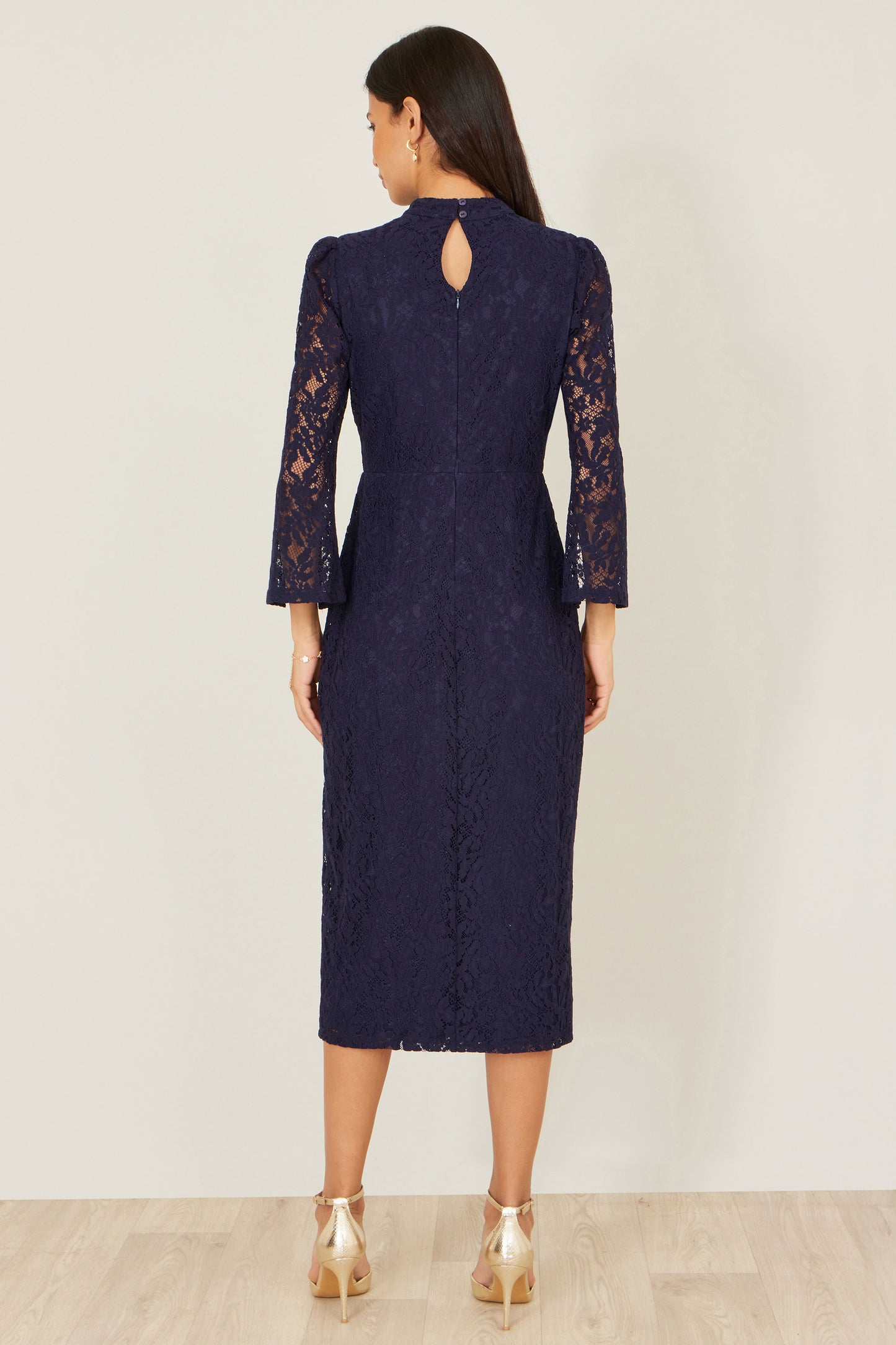 Yumi Navy Lace Fitted Midi Dress With Flute Sleeves Dress Occasion Yumi