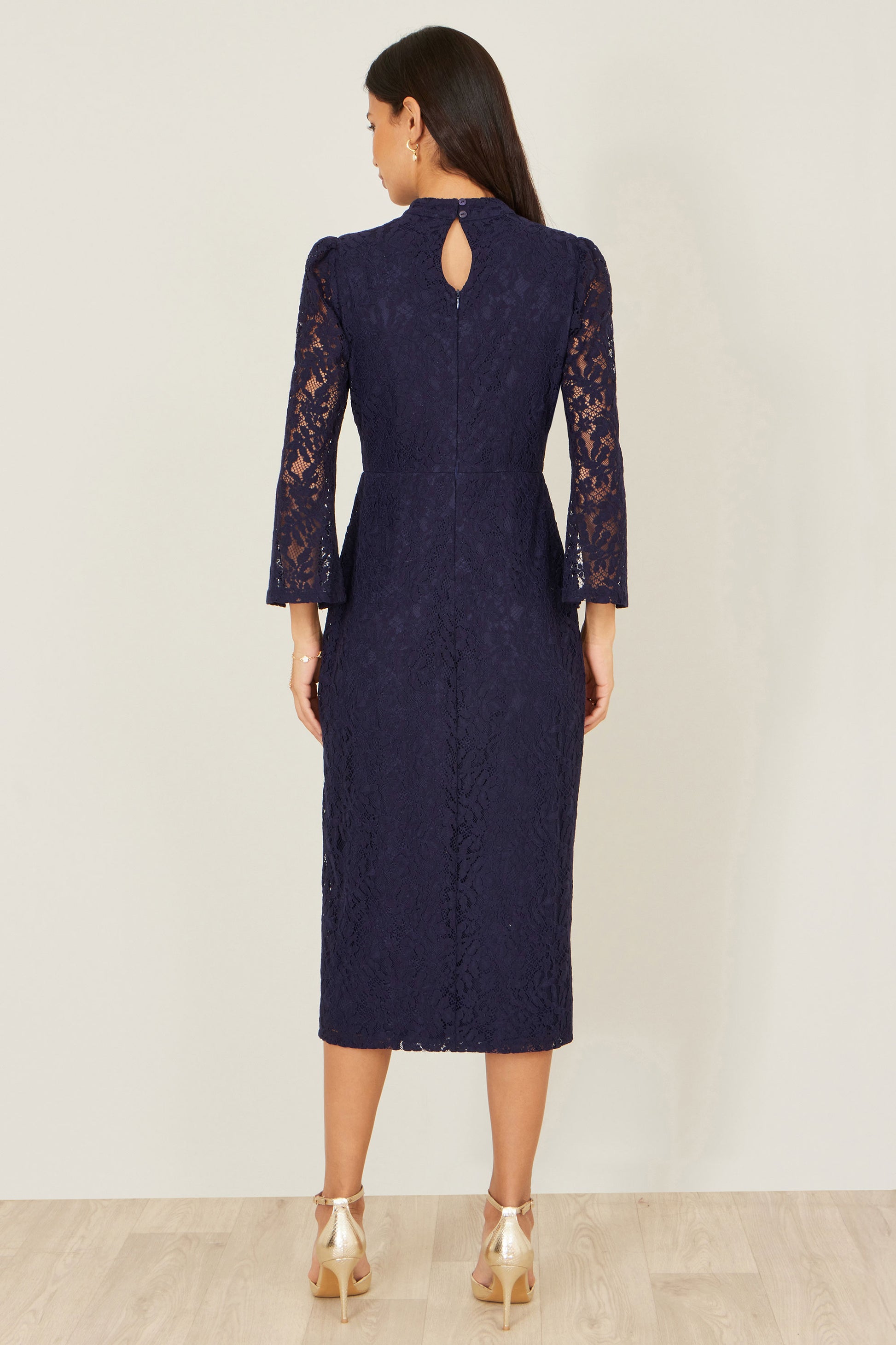 Yumi Navy Lace Fitted Midi Dress With Flute Sleeves Dress Occasion Yumi
