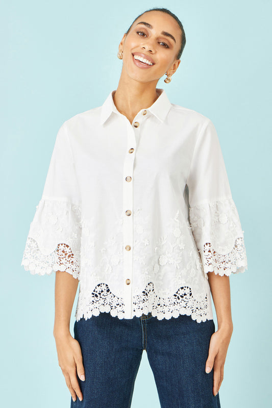 Yumi White Cotton Lace Border Shirt SHIRT Yumi