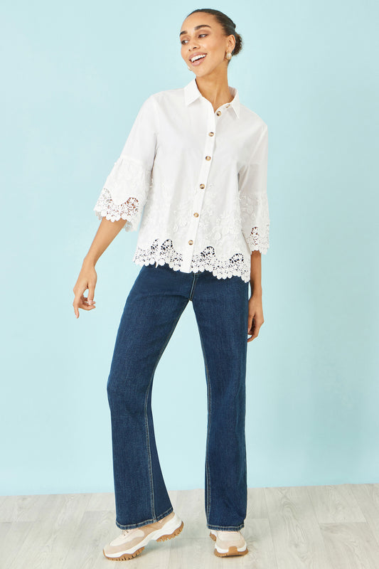 Yumi White Cotton Lace Border Shirt SHIRT Yumi