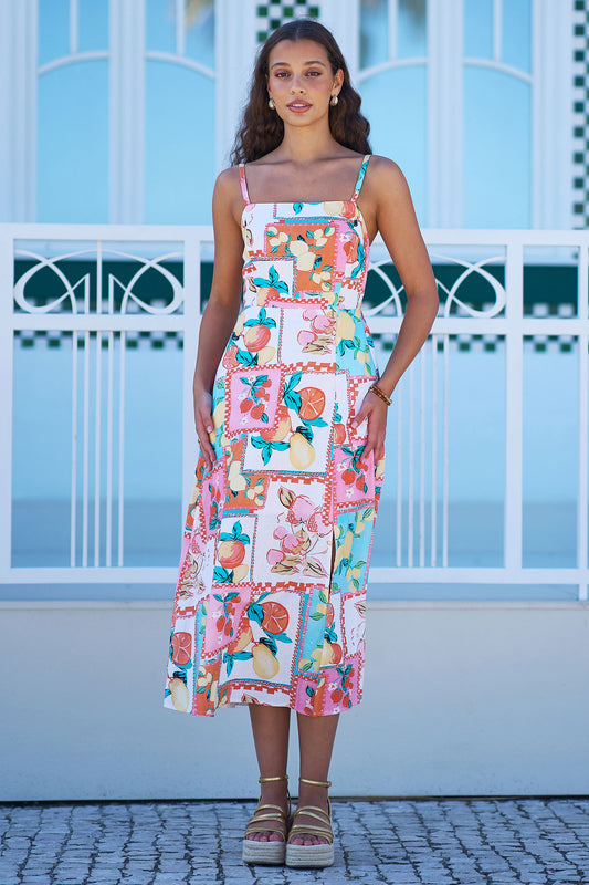 Yumi Multicolour Fruit Print Midi Sun Dress Ruched Back Beachwear Yumi