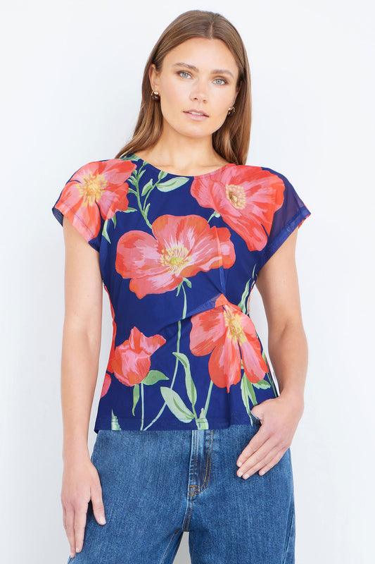 Yumi Navy Poppy Mesh Top Tops Yumi