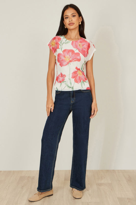 Yumi Ivory Poppy Print Mesh Top Tops Yumi