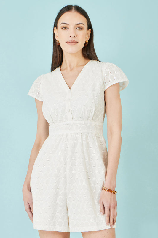 Yumi White Cotton Broderie Anglaise Playsuit PLAYSUIT Yumi