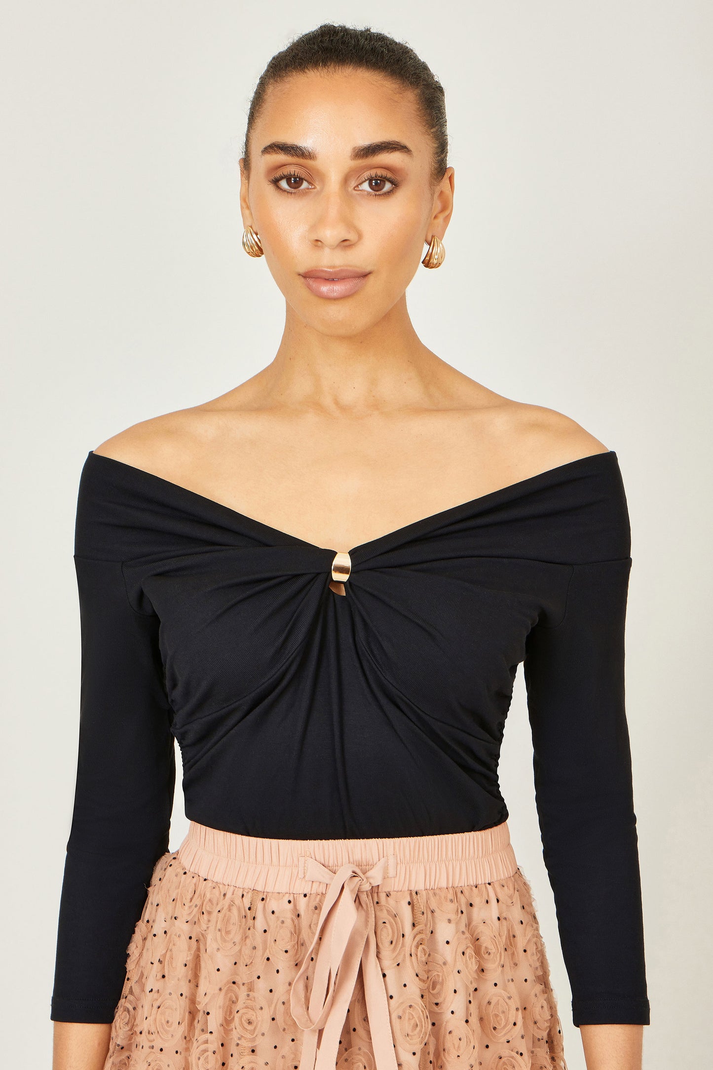 Yumi Black Bardot Long Sleeve Jersey Top Tops Yumi