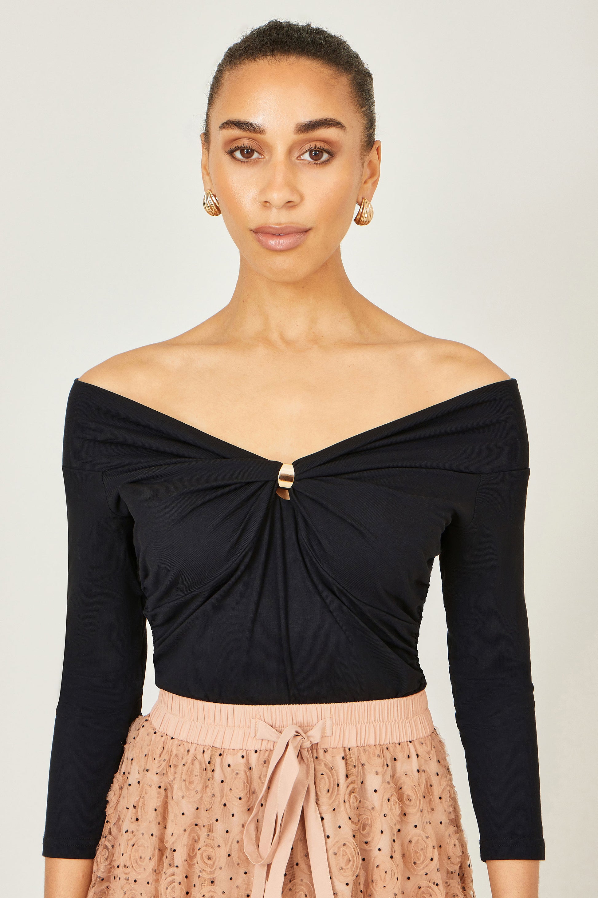 Yumi Black Bardot Long Sleeve Jersey Top Tops Yumi