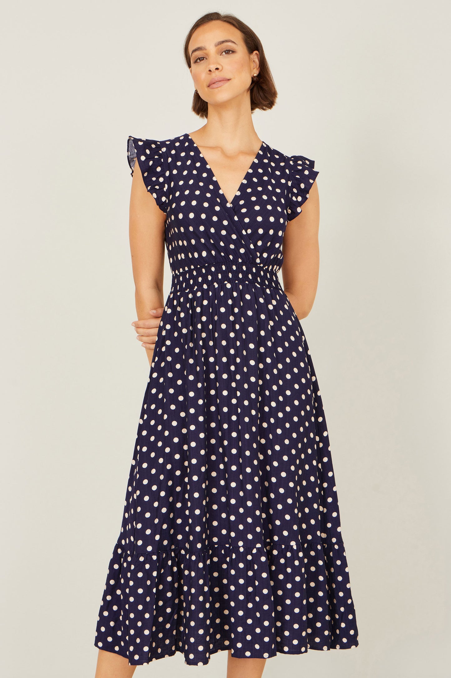 Yumi Navy Spot Ruched Waist Midi Dress Dress Casual Yumi