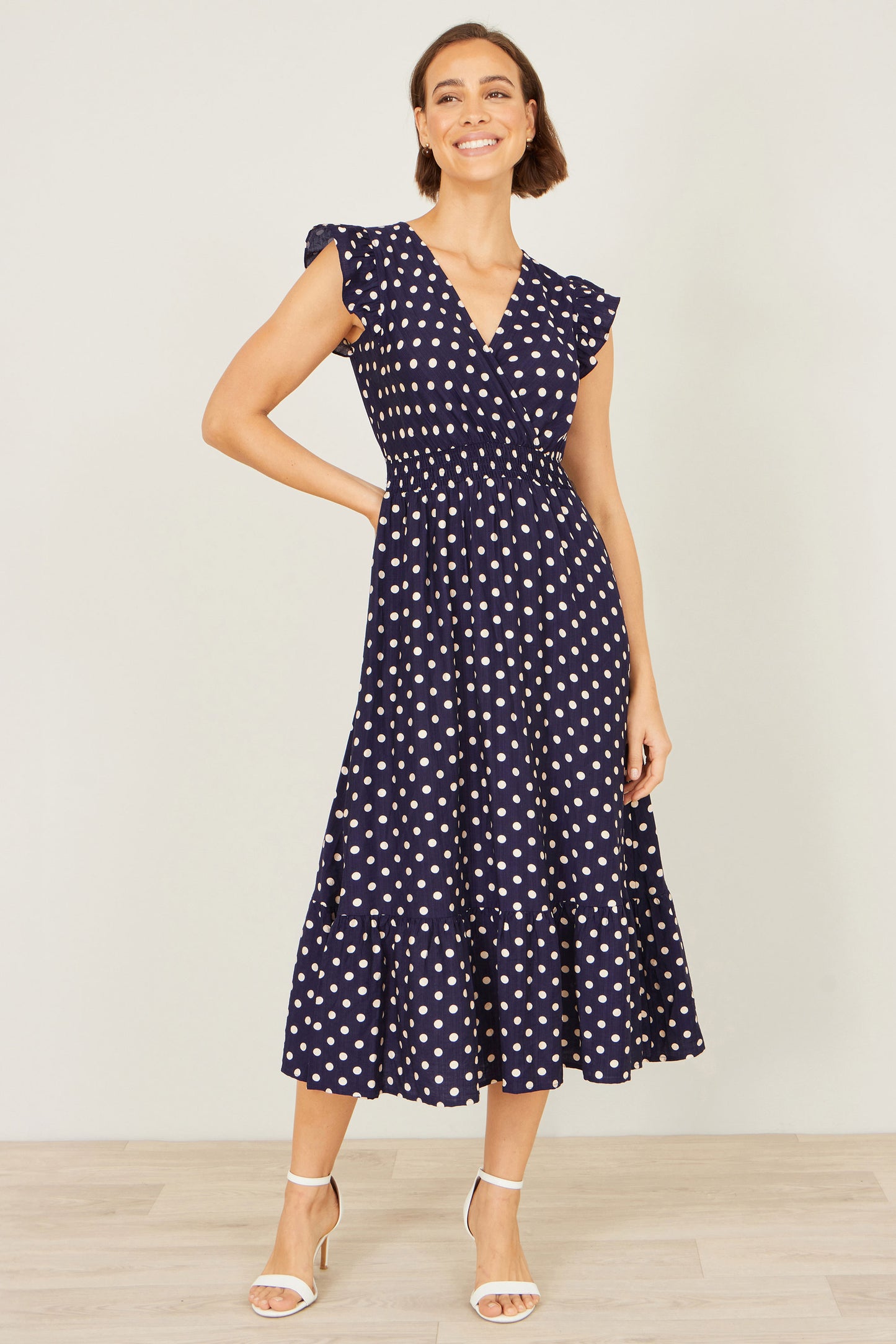 Yumi Navy Spot Ruched Waist Midi Dress Dress Casual Yumi