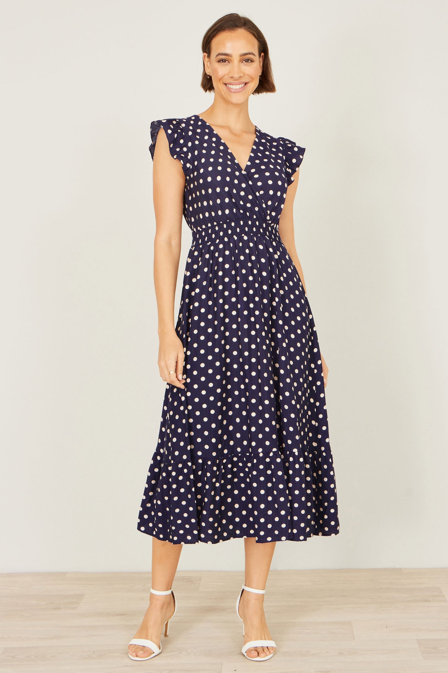 Yumi Navy Spot Ruched Waist Midi Dress Dress Casual Yumi