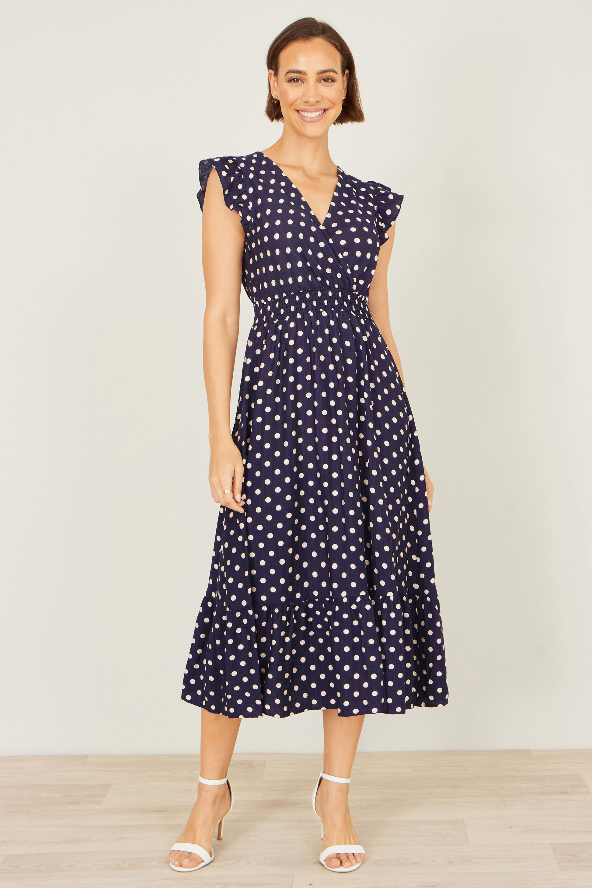 Yumi Navy Spot Ruched Waist Midi Dress Dress Casual Yumi